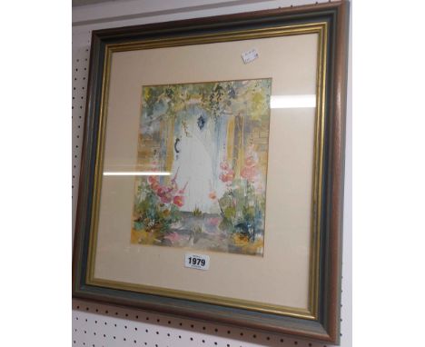 Nicola Dugmore: a gilt framed watercolour, depicting a garden gate - sold with a framed coloured print, depicting two girls i