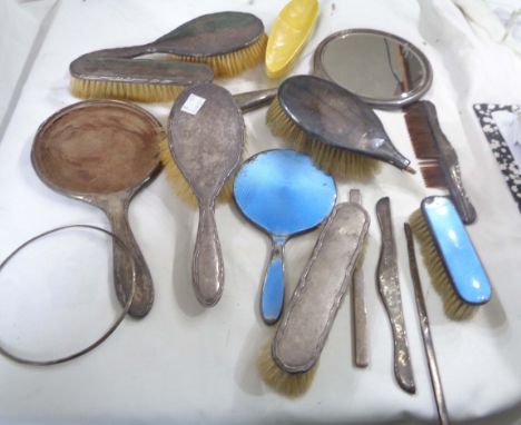 A quantity of various damaged silver mounted and other dressing table hand mirrors, brushes and comb backs