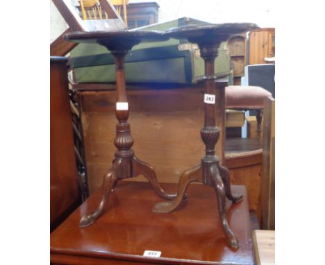 Two similar early 20th Century mahogany wine tables, both set on turned pillars and tripod base - various condition