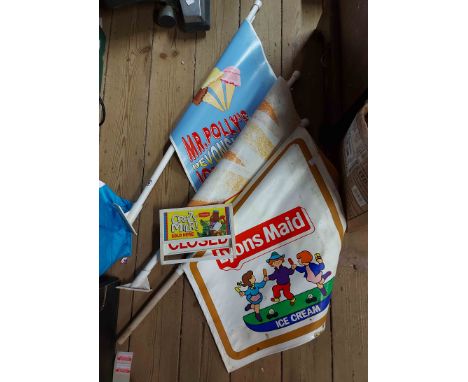 Three vintage vinyl ice cream pennants including Lyons Maid and Treats ice cream, etc. - sold with a vintage Unigate open/clo