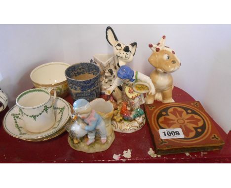 A small quantity of ceramics and other items including Minton encaustic tile, 19th Century German porcelain match strikers, d