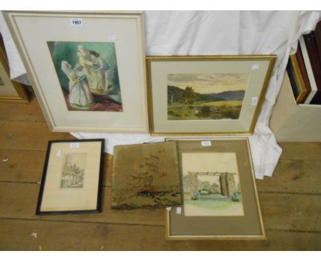A framed watercolour still life with porcelain figure group - sold with three other watercolours and a maritime tapestry pane