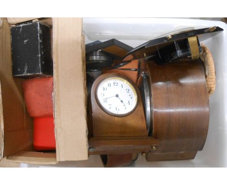 A box containing assorted vintage and other clocks and timepieces, also various travelling alarm clocks - various condition