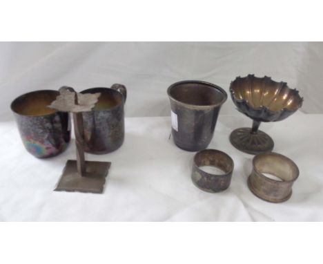 A small silver christening mug, pedestal bon bon dish and napkin ring - sold with two plated christening mugs, napkin ring an