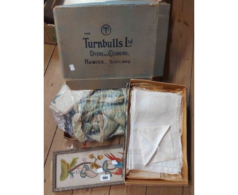 A box containing a quantity of vintage table linen - sold with a quantity of lace doilies, a small framed tapestry depicting 