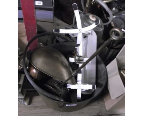 A brass preserving pan, set of enamelled metal kitchen scales, etc.