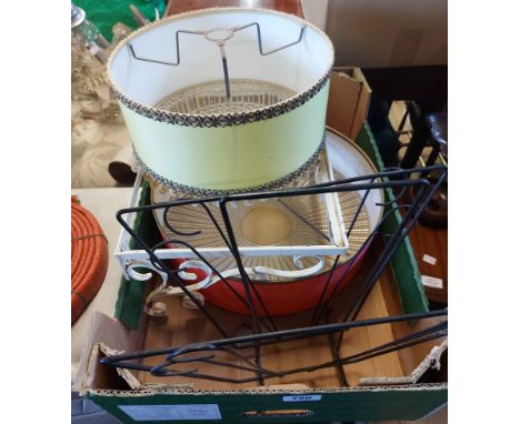 A box containing vintage ceiling light shades with glass bases, etc.