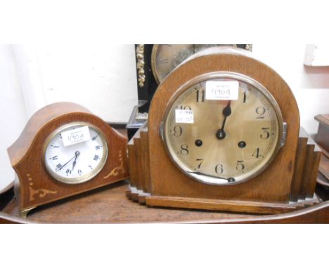An Edwardian small inlaid oak cased timepiece with French eight day movement - sold with a vintage Art Deco style mantel cloc