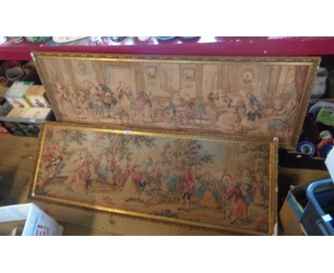 A pair of gilt framed old Belgian machine tapestry panoramic panels, one depicting a social gathering, the other figures in a