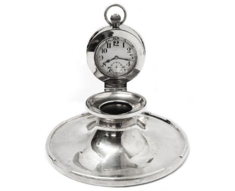 A 15cm diameter silver capstan inkwell with steel cased crown wind lever pocket watch contained within the flip-top - Birming