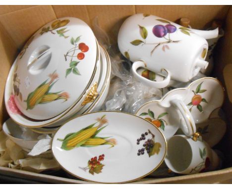 A box containing a quantity of Royal Worcester oven to tableware decorated in the 'Evesham' pattern including tureens, cups a