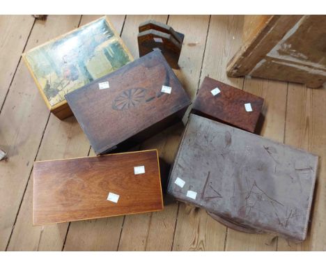 An antique tea caddy - sold with three wooden boxes, a pair of wooden book ends with ship design and a small fibreboard case