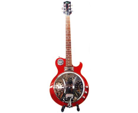 An Alden six string electric resonator guitar with mini humbucker pickup and bound burgundy finish, in Fender soft case with 