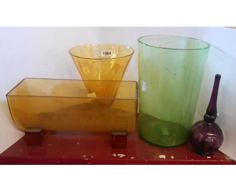 A small quantity of coloured glassware comprising large green 'bucket' style vase, Whitefriars amber glass 'trumpet' vase, am