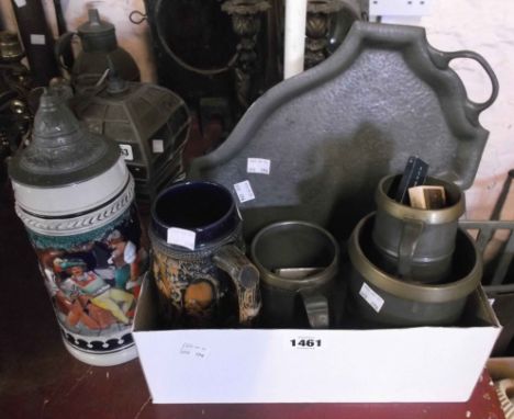 Three R. Loftus pewter measures marked for London County Council, a collection of matchbooks and a pewter tray - sold with tw