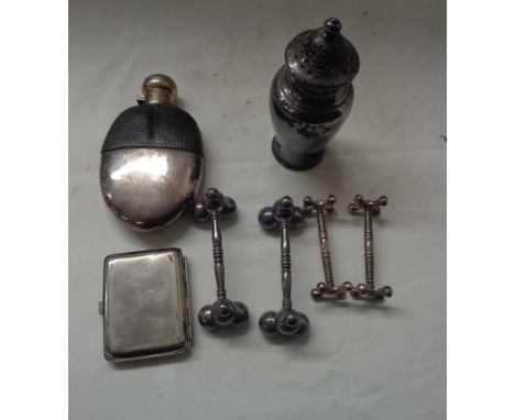 A silver plated and leather clad spirit flask - sold with two pairs of knife rests, plated case and sugar caster