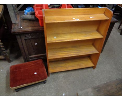 A 74cm modern mixed wood four shelf open bookcase - sold with an early 20th Century oak box framed footstool with upholstered