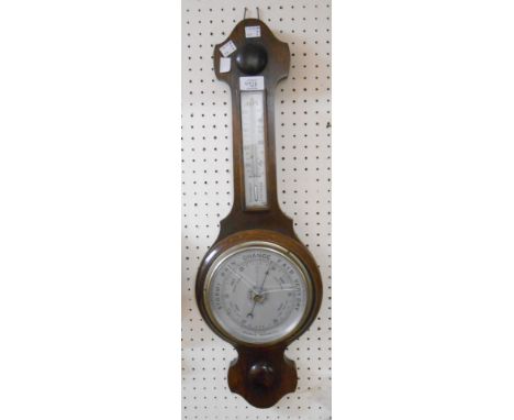 A vintage oak framed banjo barometer/thermometer with silvered dial and aneroid works - dial glass a/f