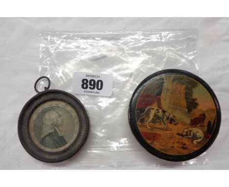 An old painted paper-mache snuff box top set on a later brass base, depicting dogs by a kennel - sold with a printed portrait