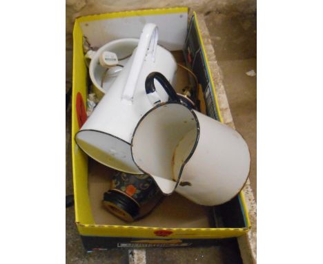 A box containing a quantity of items including ceramic lamp, enamelware, etc.