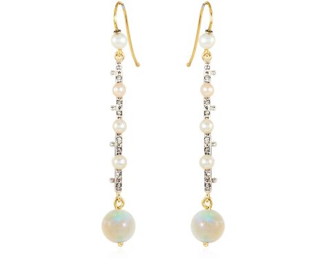 A PAIR OF ANTIQUE OPAL, PEARL AND DIAMOND EARRINGS in yellow gold and silver, each suspending a polished opal bead below a ba