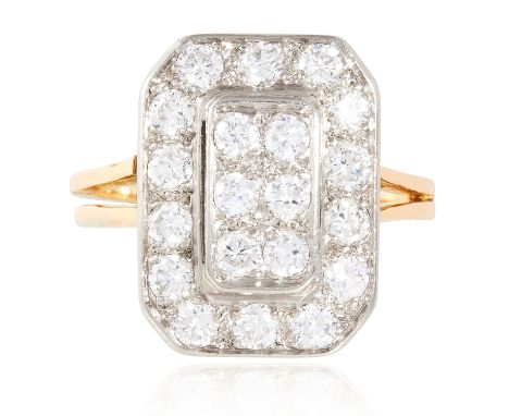 AN ANTIQUE ART DECO DIAMOND RING in 18ct yellow and platinum, the octagonal face jewelled with round cut diamonds totalling a