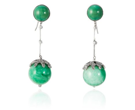 A PAIR OF JADEITE JADE AND DIAMOND EARRINGS in platinum or white gold, the jadeite beads and cabochons accented by diamonds, 