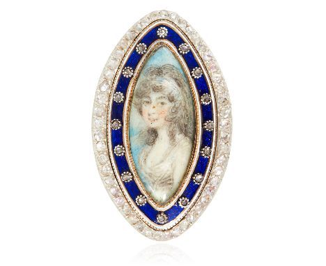 AN ANTIQUE DIAMOND, ENAMEL AND PAINTED MINIATURE MOURNING RING, EARLY 19TH CENTURY in high carat yellow gold, the navette fac