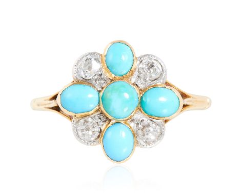 AN ANTIQUE TURQUOISE AND DIAMOND CLUSTER RING, 19TH CENTURY in high carat yellow gold, set with five cabochon turquoise and f