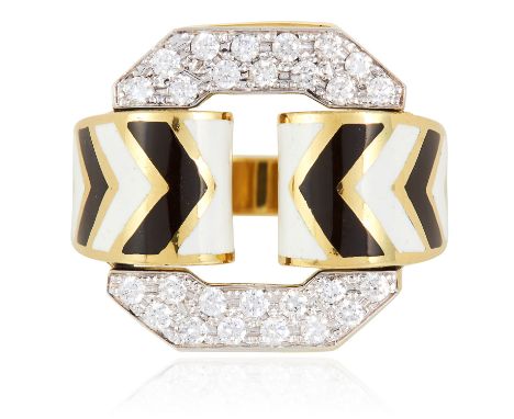 A DIAMOND AND ENAMEL DRESS RING, DAVID WEBB in 18ct yellow gold and platinum, of tire design with diamond jewelled motifs and