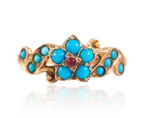 AN ANTIQUE TURQUOISE AND RUBY RING, 19TH CENTURY in yellow gold, in foliate motif set with a cabochon ruby and turquoise, Bri