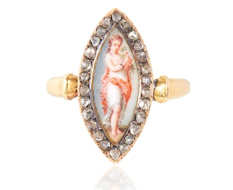 AN ANTIQUE PAINTED ENAMEL MINIATURE AND DIAMOND RING in high carat yellow gold, the marquise face set with a painted enamel m