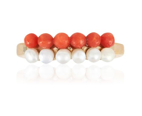 A CORAL AND PEARL DRESS RING in high carat yellow gold, comprising two rows of coral beads and pearls, unmarked, size R / 8.7