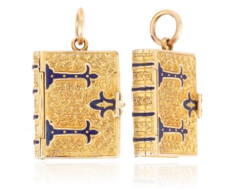 AN ANTIQUE ENAMEL BOOK LOCKET in high carat yellow gold, depicting a book, decorated with blue enamel, opening to reveal four