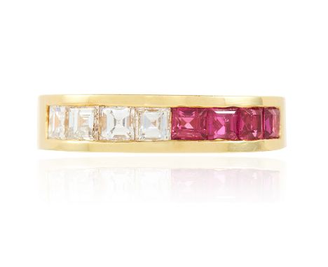 A RUBY AND DIAMOND HALF ETERNITY STACK RING in 18ct yellow gold, the squared band set with a row of four step cut diamonds to