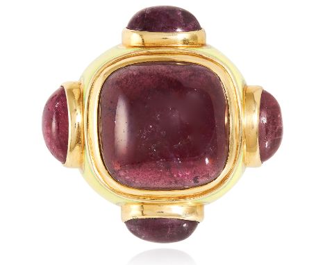 A RUBELLITE TOURMALINE AND ENAMEL BISHOP RING, SOLANGE AZAGURY-PARTRIDGE 1997 in 18ct yellow gold, the large, bombe design je