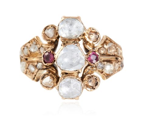 AN ANTIQUE DIAMOND AND RUBY DRESS RING, 19TH CENTURY in yellow gold, set with three central rose cut diamonds, with further r