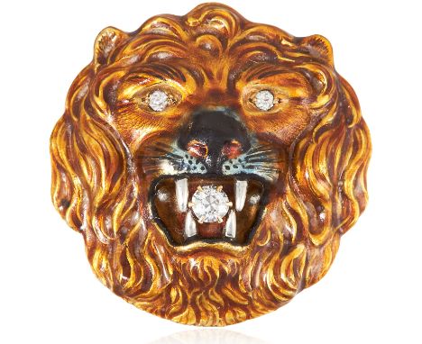 A DIAMOND AND ENAMEL LION BROOCH in 14ct yellow gold, the circular body depicting the head of lion, decorated in vari-coloure
