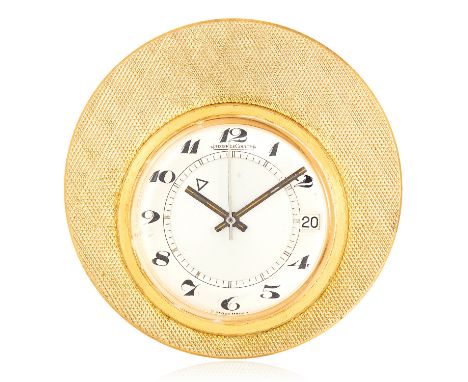 A JAEGER LECOUTRE ALARM CLOCK white white dial, in textured gold circular border, 5cm, 57.62g.