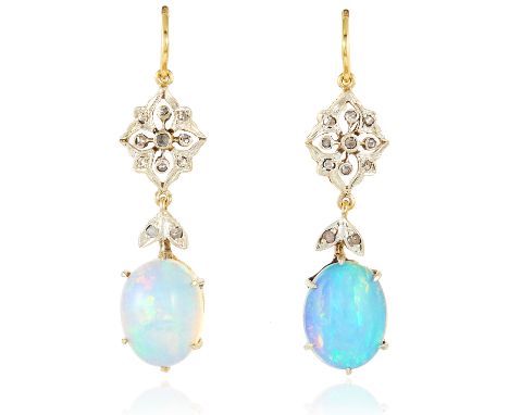 A PAIR OF OPAL AND DIAMOND EARRINGS each set with an oval cabochon opal suspended below an articulated floral mount jewelled 