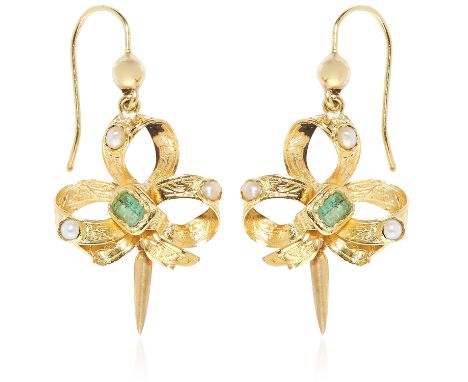 A PAIR OF ANTIQUE EMERALD AND PEARL EARRINGS, 19TH CENTURY in high carat yellow gold, each designed as a ribbon and bow motif