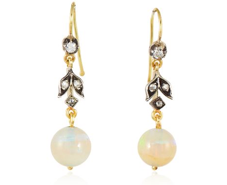 A PAIR OF ANTIQUE OPAL AND DIAMOND EARRINGS in yellow gold and silver, each set with a polished opal bead below a diamond jew