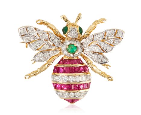 A RUBY, DIAMOND AND EMERALD BEE BROOCH in high carat yellow gold, designed as a bee, its body jewelled with rubies, emeralds 