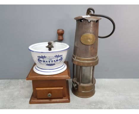 Vintage Patterson miners lamp together with a whittard of Chelsea coffee grinder