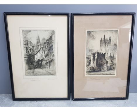 2 vintage framed etchings of castle Garth cathedral and the dark entry Canterbury cathedral both signed bottom right by artis