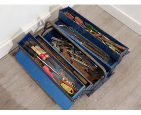 Cantilever metal toolbox containing mixed vintage handtools