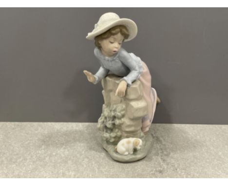 Nao by Lladro. Girl leaning over wall with puppy 325 in good condition