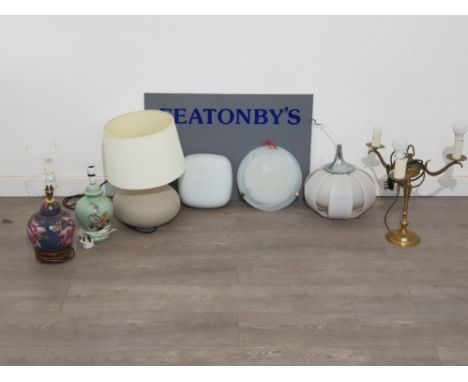 Different types of lighting to include 2 glass wall lights,glass chandelier  and four bedside lamps. 2 of them Chinese hand p