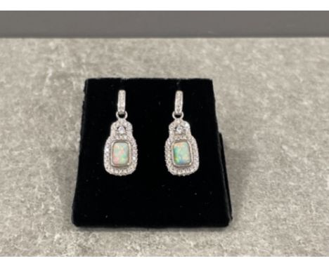 Pair of Silver and CZ drop earrings set with Opal panel