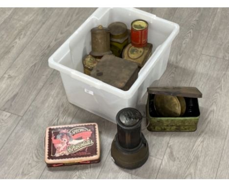 Box of vintage tins including Bistro